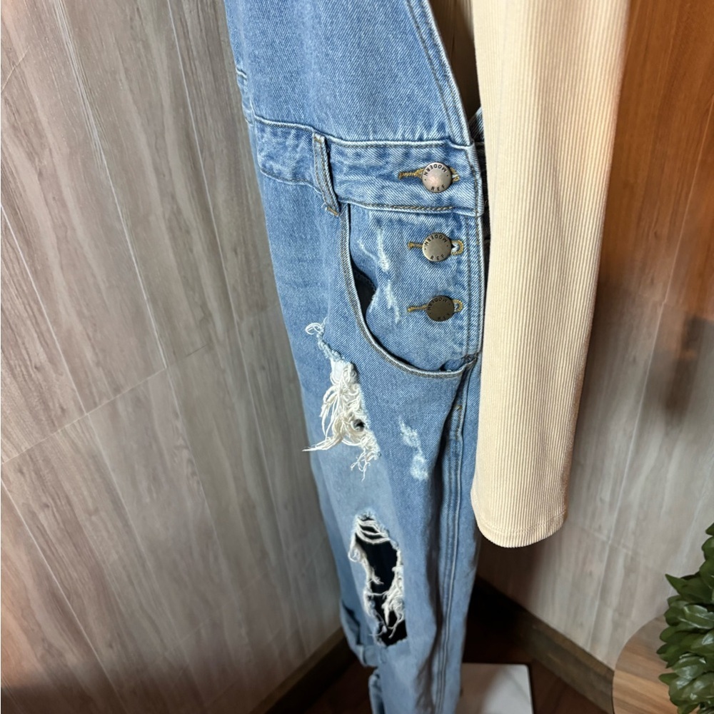 Mod Ref Blue Denim Distressed Overalls Bibs - Picture 9 of 12